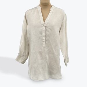 Camixa Linen Tunic Top Women's Long Sleeve Button Up Collarless Beige